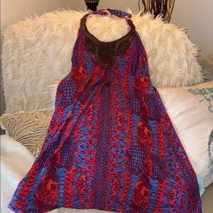 Vibrant Red and Blue Halter Dress